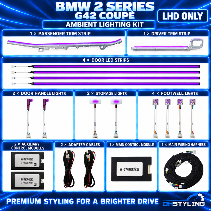 DHStyling BMW 2 Series G42 Coupé LHD ambient lighting kit with passenger and driver centre console trim strips, four door LED strips, two handle lights, two storage lights, four footwell lights, control modules and wiring.
