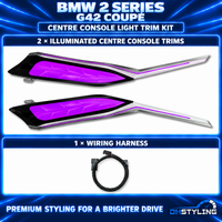 DHStyling BMW 2 Series G42 Coupé LHD ambient lighting kit with passenger and driver centre console trim strips, four door LED strips, two handle lights, two storage lights, four footwell lights, control modules and wiring.

