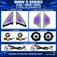 DHStyling BMW 5 Series G30 ambient lighting kit for 2019–2023, showing patterned door trims, LED strips, footwell lights, control modules and wiring
