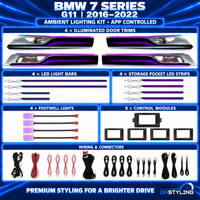 DHStyling BMW 7 Series G11 ambient lighting kit for 2016–2022 with four illuminated door trims, LED light bars, pocket lights, footwell lights, control modules and wiring
