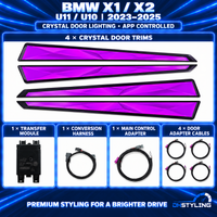 BMW X1 U11 2023–2025 crystal door ambient lighting kit with four purple illuminated trim panels, transfer module, wiring harness and adapter cables.
