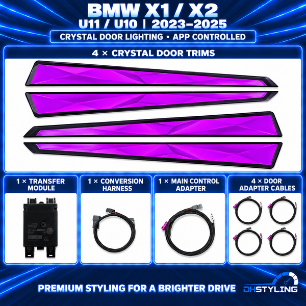 BMW X2 U10 2023–2025 crystal door ambient lighting kit with four purple illuminated trim panels, transfer module, wiring harness and adapter cables.
