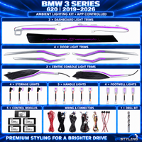 DHStyling BMW 3 Series G20 ambient lighting kit for 2019–2026 with three dashboard light trims, four door trims, two carbon-effect centre console trims, storage lights, handle lights, footwell lights, control modules and wiring.
