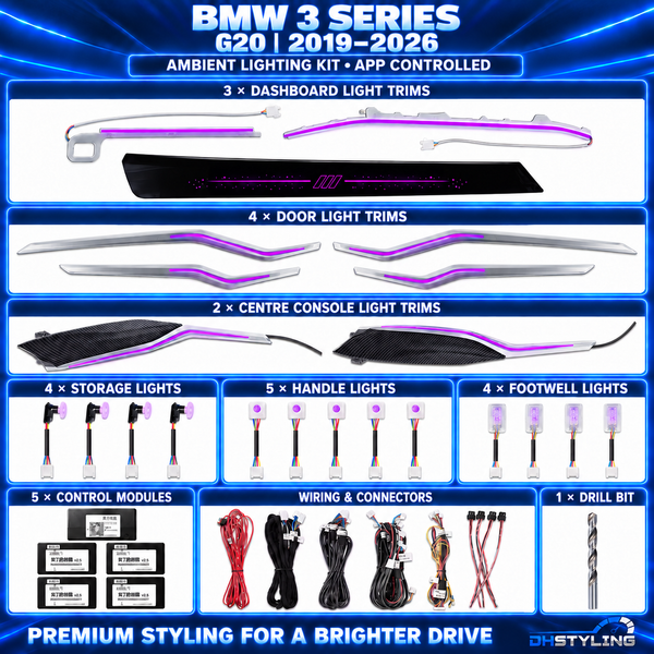 DHStyling BMW 3 Series G20 ambient lighting kit for 2019–2026 with three dashboard light trims, four door trims, two carbon-effect centre console trims, storage lights, handle lights, footwell lights, control modules and wiring.

