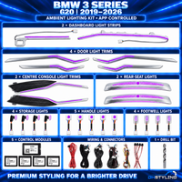 DHStyling BMW 3 Series G20 ambient lighting kit for 2019–2026 with three dashboard light trims, four door trims, two carbon-effect centre console trims, storage lights, handle lights, footwell lights, control modules and wiring.
