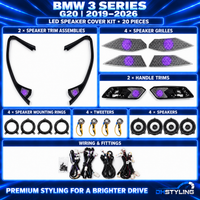 DHStyling BMW 3 Series G20 ambient lighting kit for 2019–2026 with three dashboard light trims, four door trims, two carbon-effect centre console trims, storage lights, handle lights, footwell lights, control modules and wiring.
