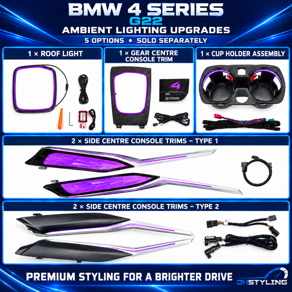 DHStyling BMW 4 Series G22 ambient lighting accessories with roof light, gear centre console trim, two side centre console trim types and cup holder lighting options
