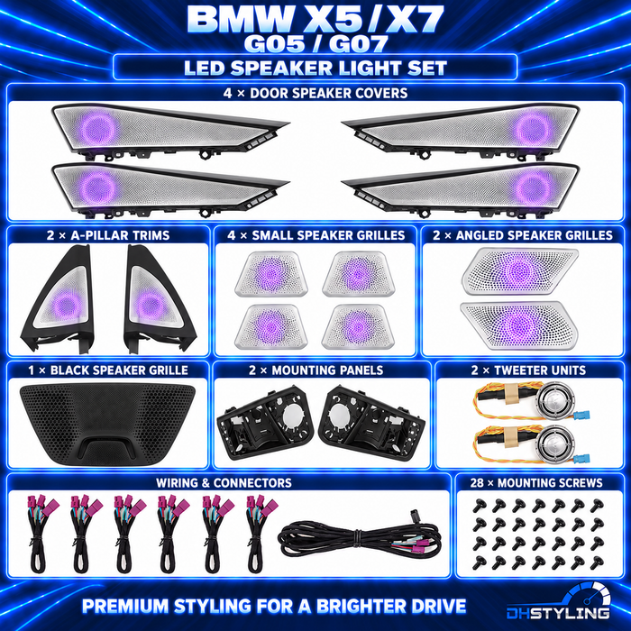 BMW X5 G05 and X7 G07 LED speaker light set with silver speaker grilles, black A-pillar trims, tweeter units, wiring harnesses and mounting screws.
