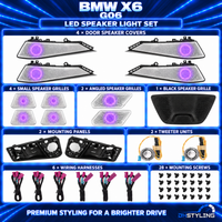 BMW X6 G06 LED speaker light set with four large silver door speaker covers, smaller grilles, black mounting panels, two tweeter units, wiring and screws.
