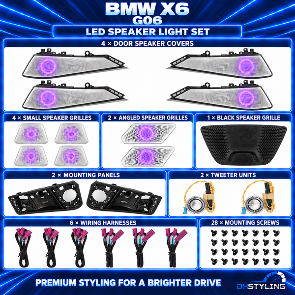 BMW X6 G06 LED speaker light set with four large silver door speaker covers, smaller grilles, black mounting panels, two tweeter units, wiring and screws.
