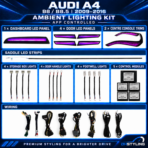 Audi A4 B8 and B8.5 app-controlled ambient lighting kit for 2009–2016 models with illuminated interior panels, handles, storage lights and footwell lights