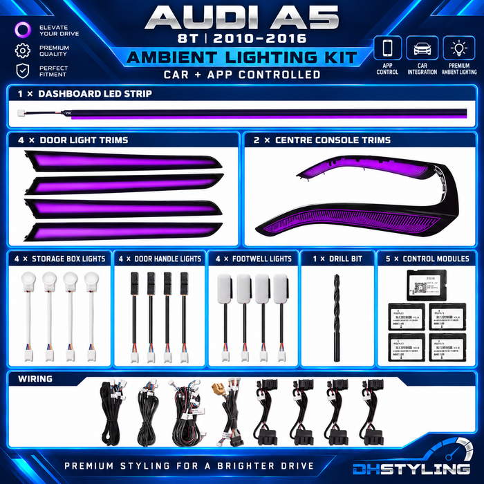DHStyling Audi A5 B8 and B8.5 2010–2016 Symphony ambient lighting kit with four illuminated door trims, dashboard LED strip, centre console light, footwell lights and control modules.
