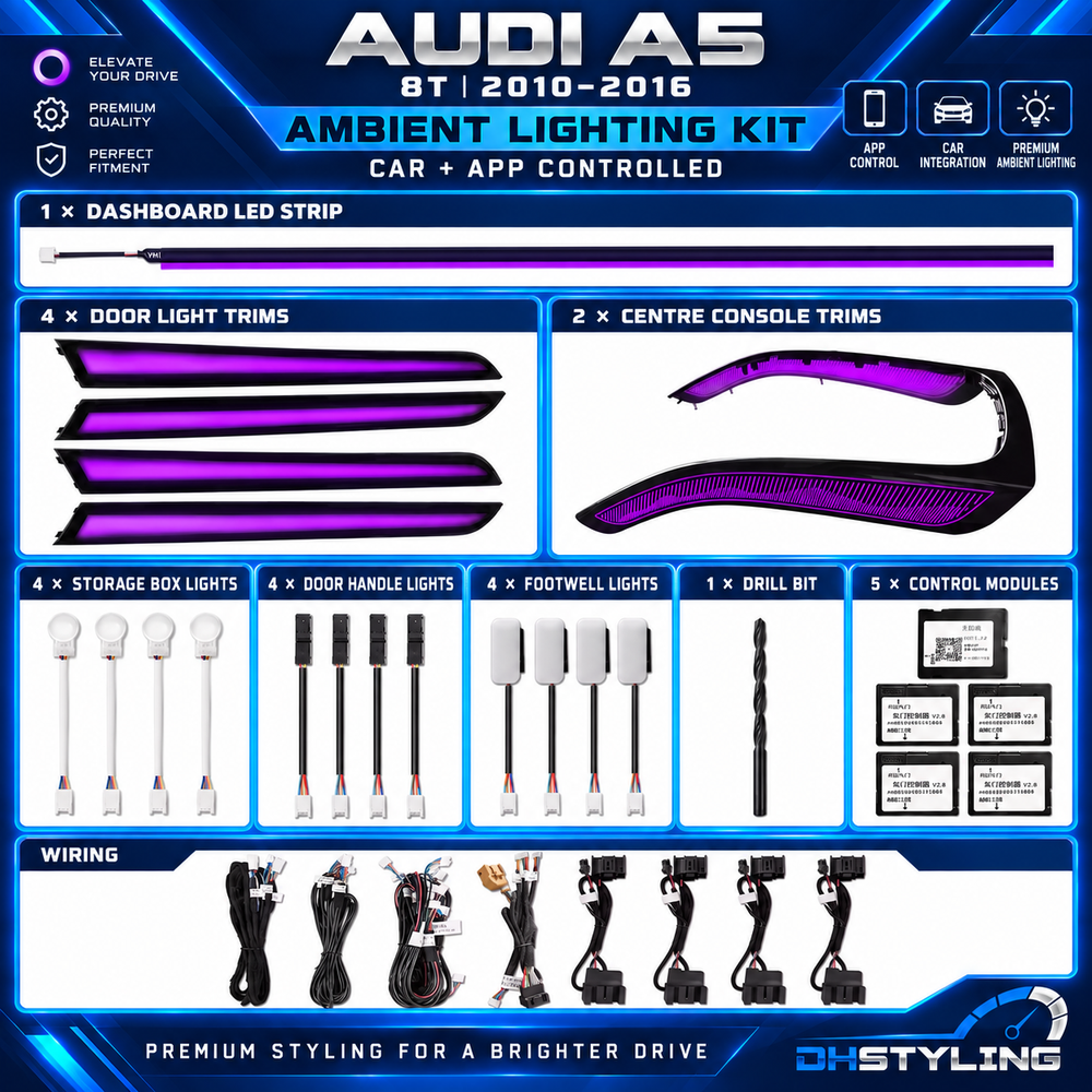 DHStyling Audi A5 B8 and B8.5 2010–2016 Symphony ambient lighting kit with four illuminated door trims, dashboard LED strip, centre console light, footwell lights and control modules.
