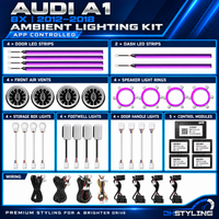 DHStyling Audi A1 8X 2012–2018 26-light Symphony ambient lighting kit with four illuminated air vents, four speaker light rings, four door strips, two dashboard strips and interior LED lights.
