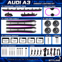 DHStyling Audi A3 8V 5-door Sportback 2013–2020 ambient lighting kit with illuminated carbon-effect door trims, dashboard trims, four air vents, cup holder lighting and interior LEDs.
