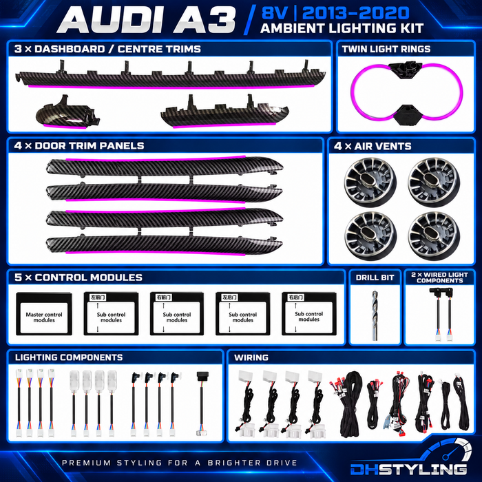 DHStyling Audi A3 8V 5-door Sportback 2013–2020 ambient lighting kit with illuminated carbon-effect door trims, dashboard trims, four air vents, cup holder lighting and interior LEDs.
