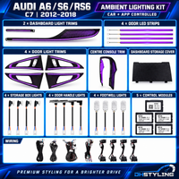 DHStyling Audi A6, S6 and RS6 C7 2012–2018 Symphony ambient lighting kit with illuminated door trims, dashboard trims, centre console lighting, footwell lights and wiring.
