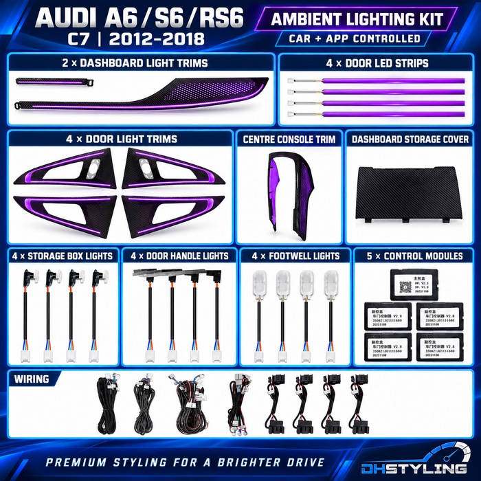 DHStyling Audi A6, S6 and RS6 C7 2012–2018 Symphony ambient lighting kit with illuminated door trims, dashboard trims, centre console lighting, footwell lights and wiring.

