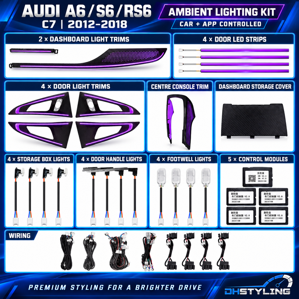 DHStyling Audi A6, S6 and RS6 C7 2012–2018 Symphony ambient lighting kit with illuminated door trims, dashboard trims, centre console lighting, footwell lights and wiring.
