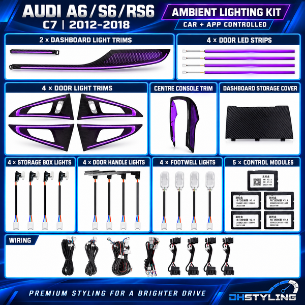 DHStyling Audi A6, S6 and RS6 C7 2012–2018 Symphony ambient lighting kit with illuminated door trims, dashboard trims, centre console lighting, footwell lights and wiring.
