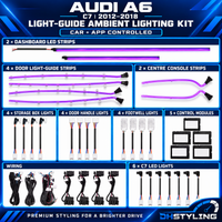DHStyling Audi A6, S6 and RS6 C7 2012–2018 Symphony ambient lighting kit with illuminated door trims, dashboard trims, centre console lighting, footwell lights and wiring.

