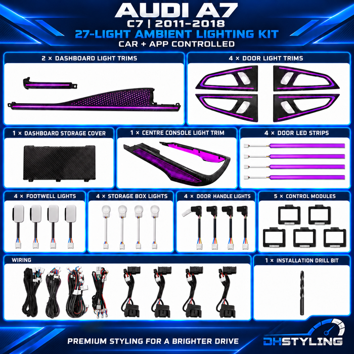 DHStyling Audi A7 C7 2011–2018 27-light Symphony ambient lighting kit with illuminated door trims, dashboard lighting, centre console trim, footwell lights and wiring.
