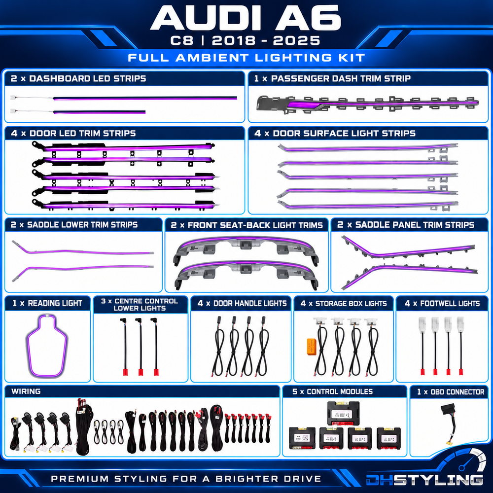 DHStyling Audi A6 C8 2018–2025 full ambient lighting kit with dashboard LED strips, door trim lighting, centre console trims, front seat-back lights and footwell lights.
