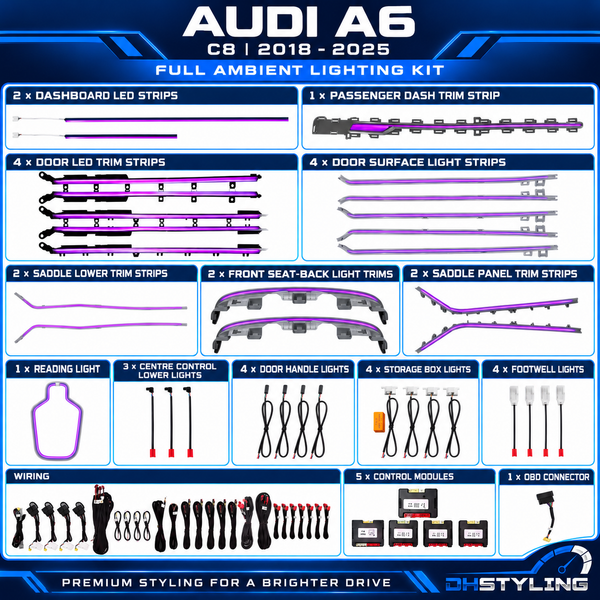 DHStyling Audi A6 C8 2018–2025 full ambient lighting kit with dashboard LED strips, door trim lighting, centre console trims, front seat-back lights and footwell lights.

