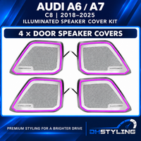 DHStyling Audi A7 C8 2018–2025 full ambient lighting kit with dashboard LED strips, door trim lighting, centre console trims, front seat-back lights and footwell lights.
