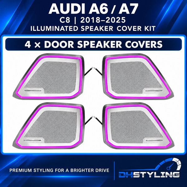 DHStyling Audi A6 C8 2018–2025 full ambient lighting kit with dashboard LED strips, door trim lighting, centre console trims, front seat-back lights and footwell lights.
