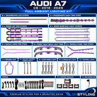 DHStyling Audi A7 C8 2018–2025 full ambient lighting kit with dashboard LED strips, door trim lighting, centre console trims, front seat-back lights and footwell lights.
