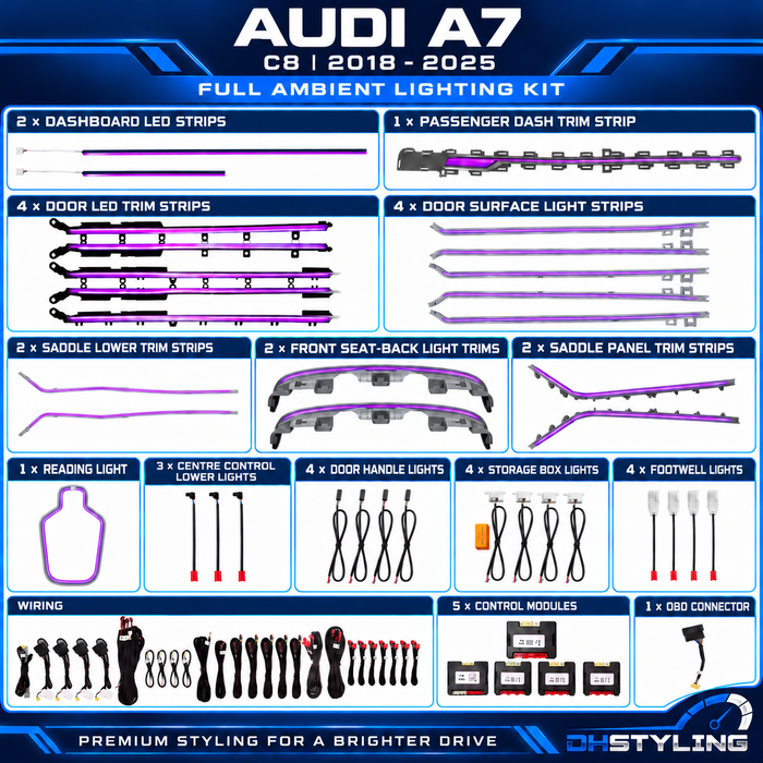DHStyling Audi A7 C8 2018–2025 full ambient lighting kit with dashboard LED strips, door trim lighting, centre console trims, front seat-back lights and footwell lights.
