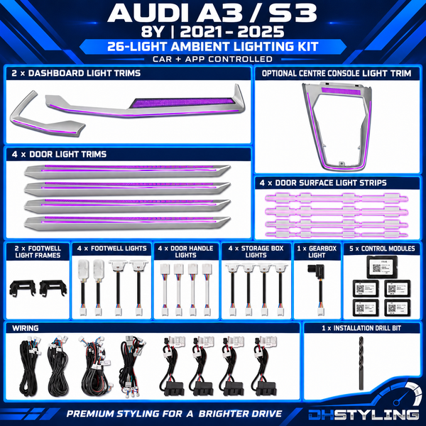 DHStyling Audi A3 and S3 8Y 2021–2025 26-light Symphony ambient lighting kit with illuminated dashboard trims, door trims, footwell lights and control modules.
