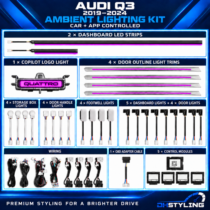 DHStyling Audi Q3 F3 2019–2024 RGB ambient lighting kit with dashboard LED strips, four illuminated door trims, footwell lights and wiring harnesses.
