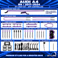 Audi A4 B9 2017–2024 ambient lighting kit with dashboard and door lighting, reading light, twin cup holder assembly, footwell lights, control modules and wiring.
