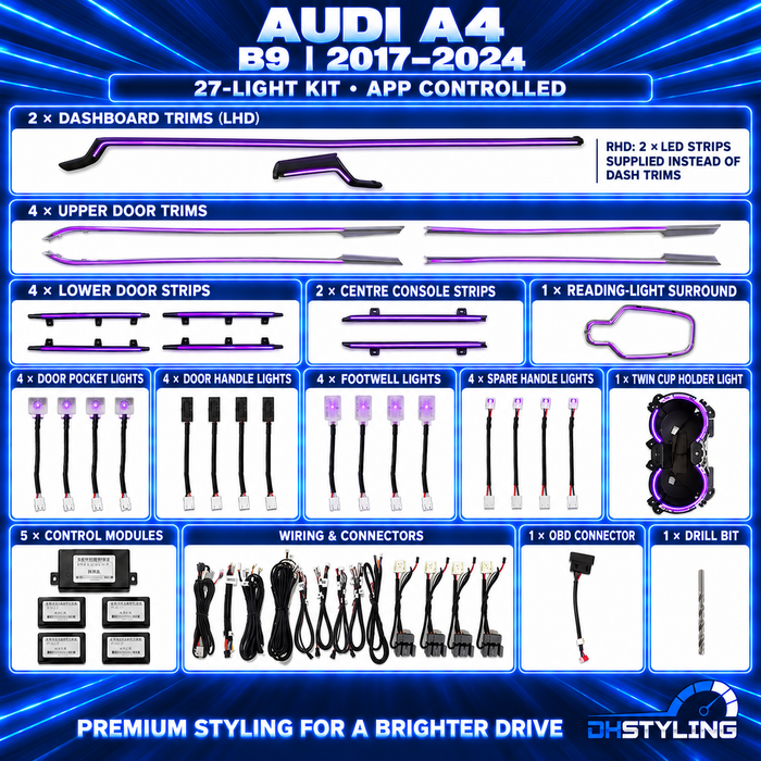 Audi A4 B9 2017–2024 ambient lighting kit with dashboard and door lighting, reading light, twin cup holder assembly, footwell lights, control modules and wiring.
