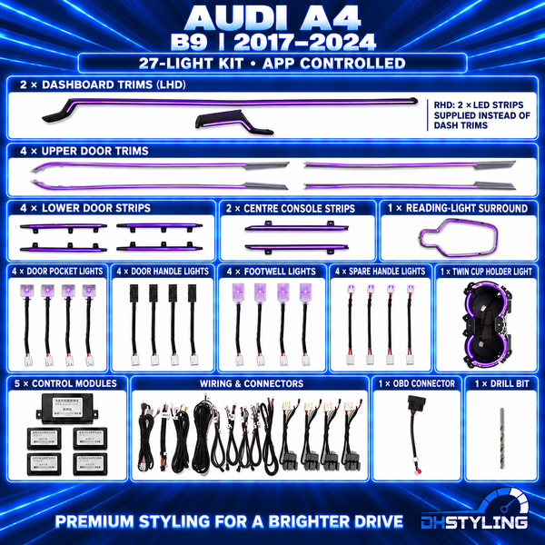 Audi A4 B9 2017–2024 ambient lighting kit with dashboard and door lighting, reading light, twin cup holder assembly, footwell lights, control modules and wiring.
