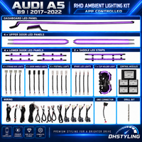 DHStyling Audi A5 B9 2017–2022 ambient lighting kit showing dashboard trims, upper and lower door lighting, centre console strips, footwell lights, cup holder lighting and wiring.
