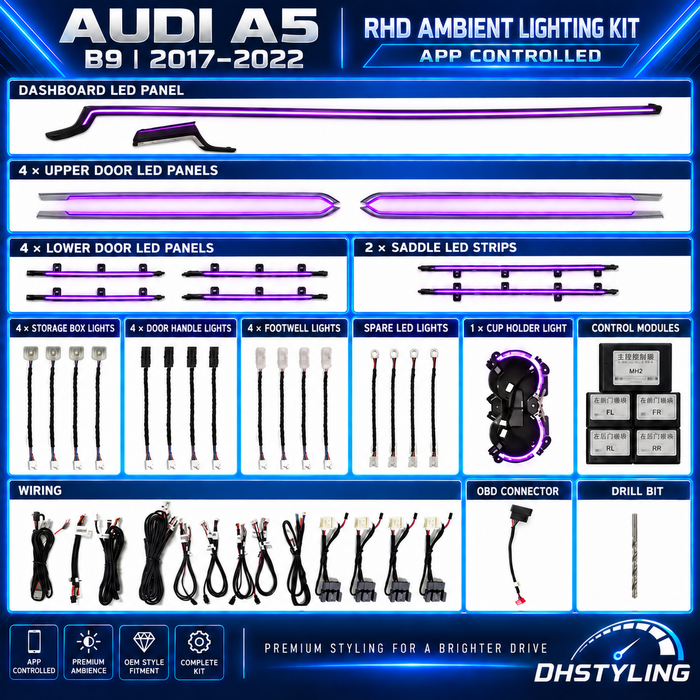DHStyling Audi A5 B9 2017–2022 ambient lighting kit showing dashboard trims, upper and lower door lighting, centre console strips, footwell lights, cup holder lighting and wiring.
