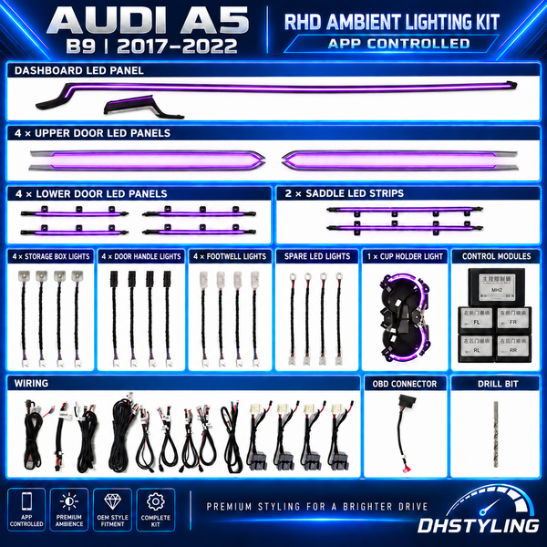 DHStyling Audi A5 B9 2017–2022 ambient lighting kit showing dashboard trims, upper and lower door lighting, centre console strips, footwell lights, cup holder lighting and wiring.
