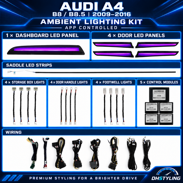 Audi A4 B8 and B8.5 app-controlled ambient lighting kit for 2009–2016 models with illuminated interior panels, handles, storage lights and footwell lights
