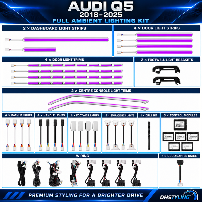Audi Q5 FY RGB interior ambient lighting kit with dashboard, door, centre-console, handle, storage-box and footwell lights for 2018–2025 models
