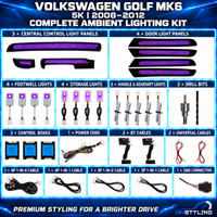 Volkswagen Golf MK6 5K Galaxy ambient lighting kit with dashboard and four illuminated door trim panels for 2009–2012 models
