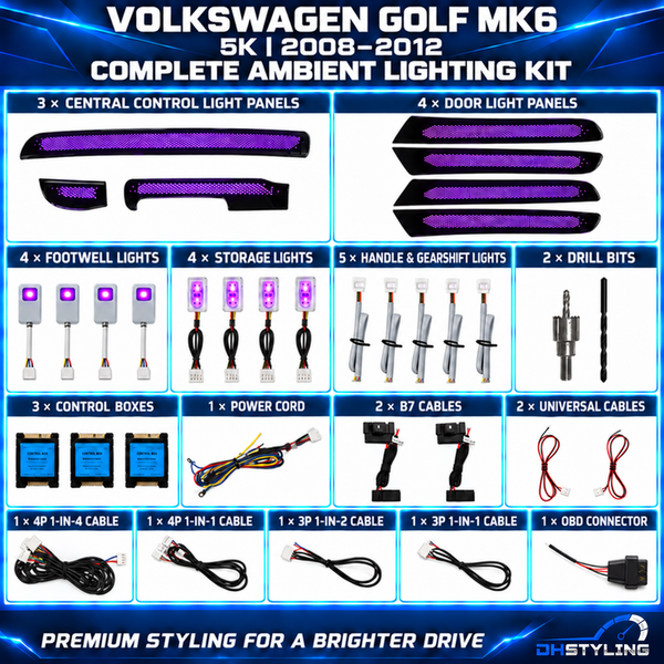 Volkswagen Golf MK6 5K Galaxy ambient lighting kit with dashboard and four illuminated door trim panels for 2009–2012 models
