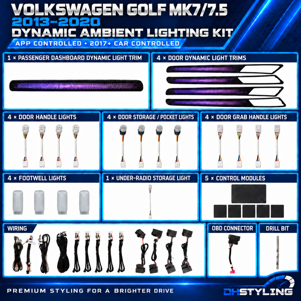 Volkswagen Golf MK7 and MK7.5 dynamic ambient lighting kit with passenger dashboard trim and four replacement door trims for 2013–2020 models
