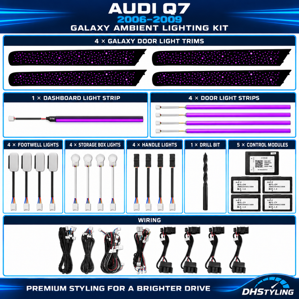 Audi Q7 4L RGB Galaxy ambient lighting kit with four illuminated door trims, dashboard strip and interior lights for 2006–2009 models

