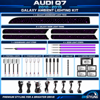 Audi Q7 4L RGB Galaxy ambient lighting kit with illuminated dashboard and door trims, LED strips and interior lights for 2010–2015 models
