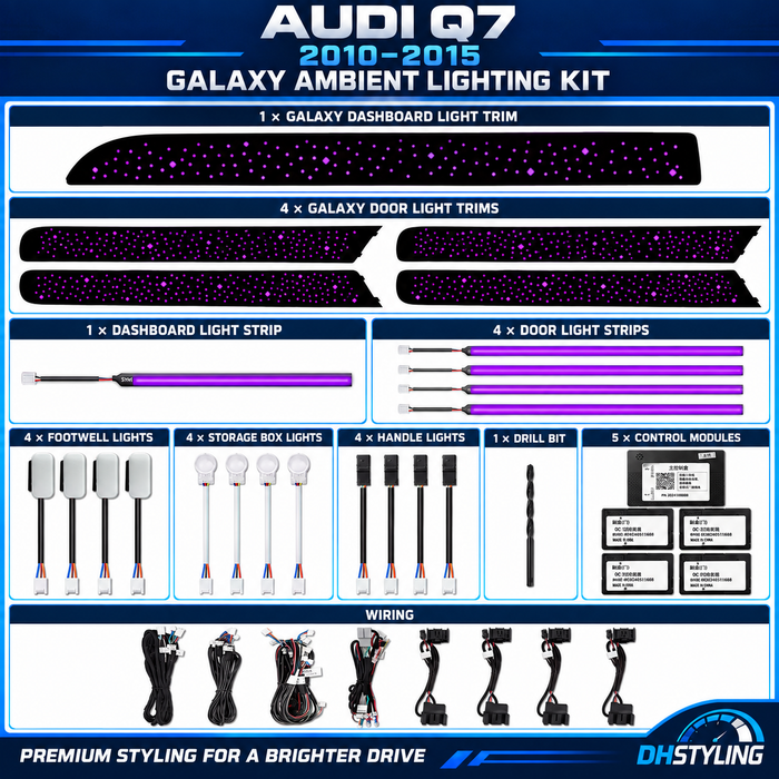 Audi Q7 4L RGB Galaxy ambient lighting kit with illuminated dashboard and door trims, LED strips and interior lights for 2010–2015 models
