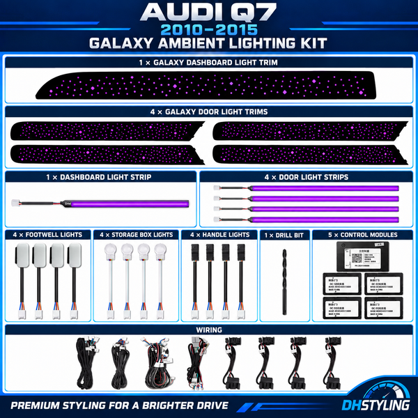 Audi Q7 4L RGB Galaxy ambient lighting kit with illuminated dashboard and door trims, LED strips and interior lights for 2010–2015 models
