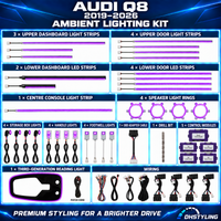 Audi Q8 4M RGB ambient lighting kit with dashboard and door LED strips, centre-console strip and four speaker light rings for 2019–2026 models
